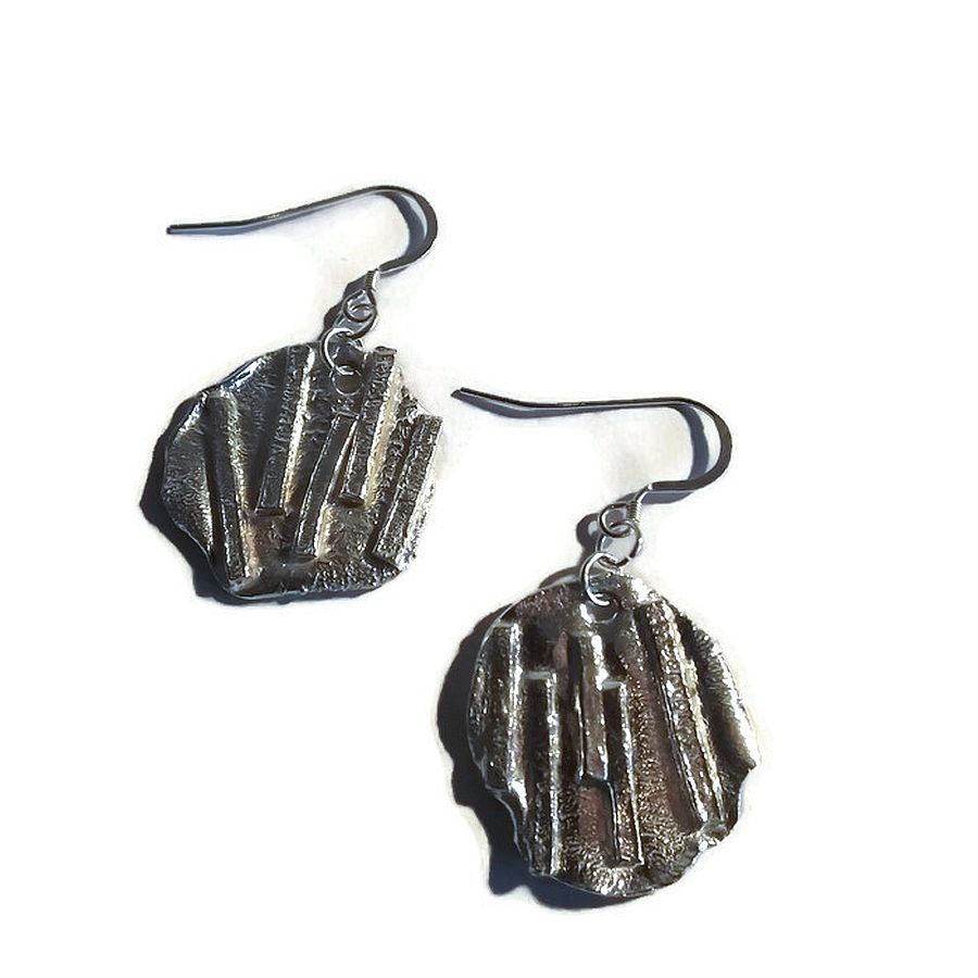 sterling silver, line patterned, rippled disc earrings