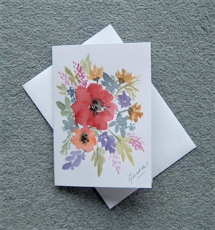 hand painted floral blank inside greetings card... Folksy