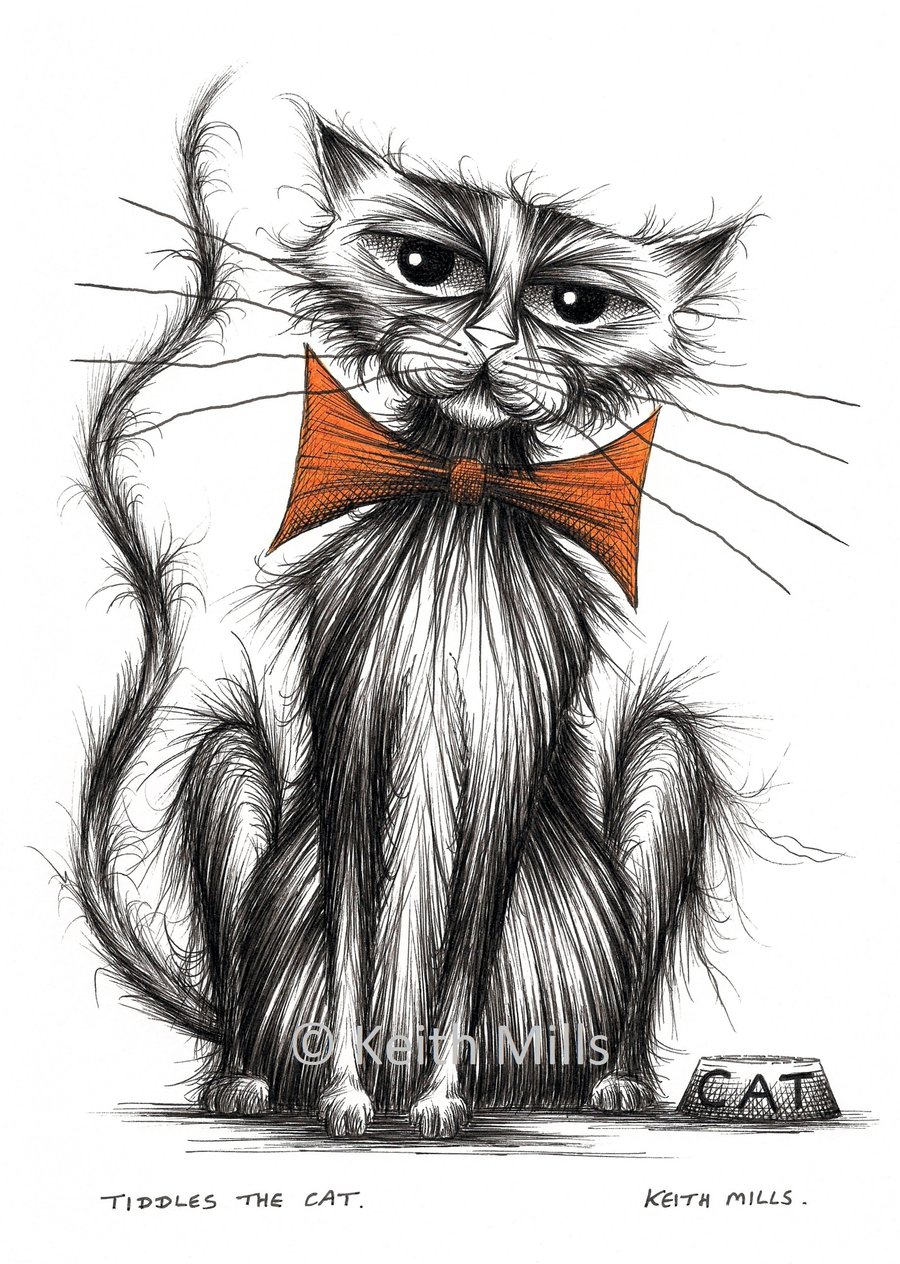 Tiddles the cat Print A4 size picture Kitty in bow with important expression