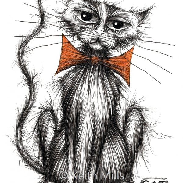 Tiddles the cat Print A4 size picture Kitty in bow with important expression