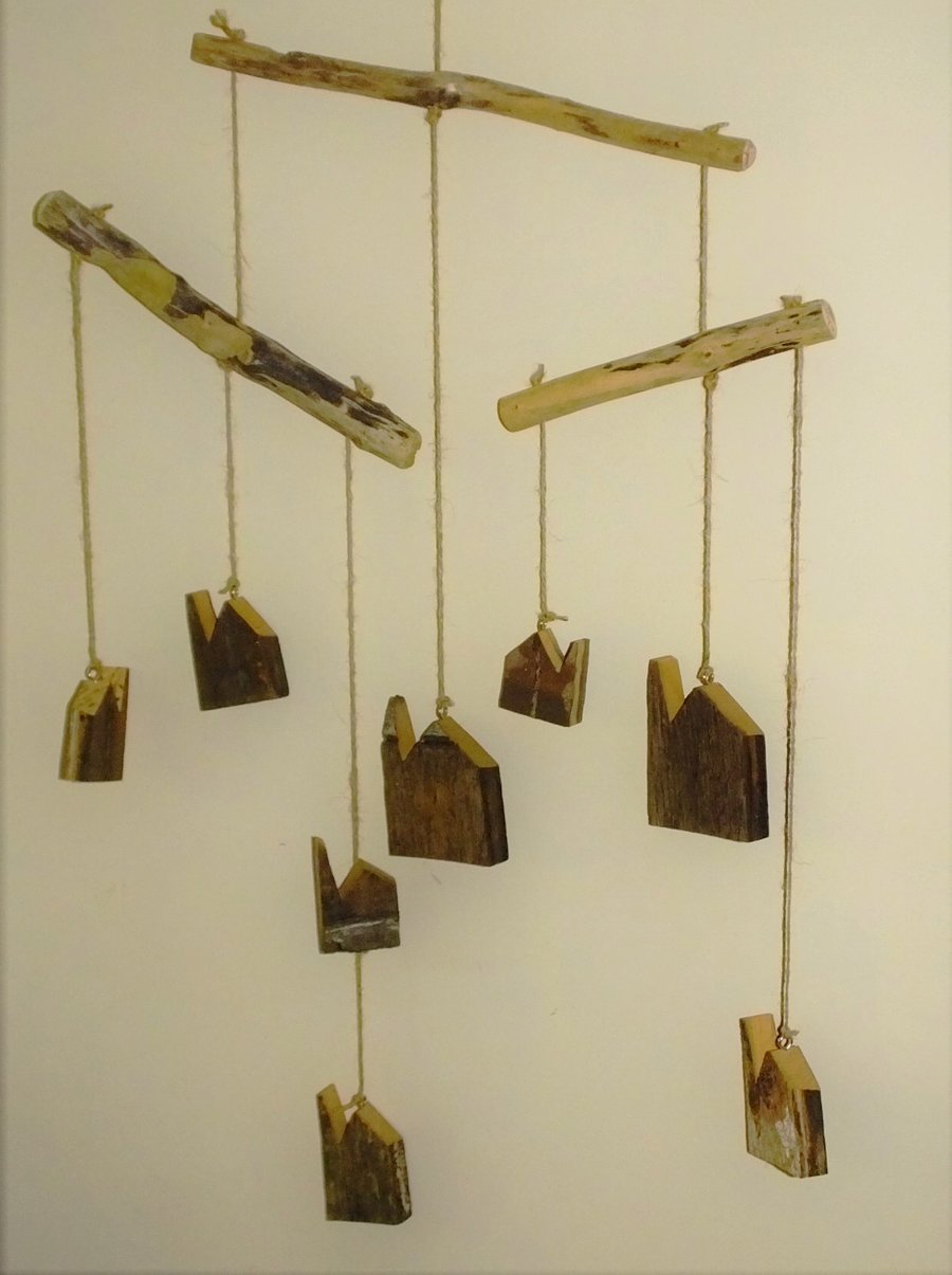 Driftwood mobile with Cornish tin mines engine houses made old reclaimed wood