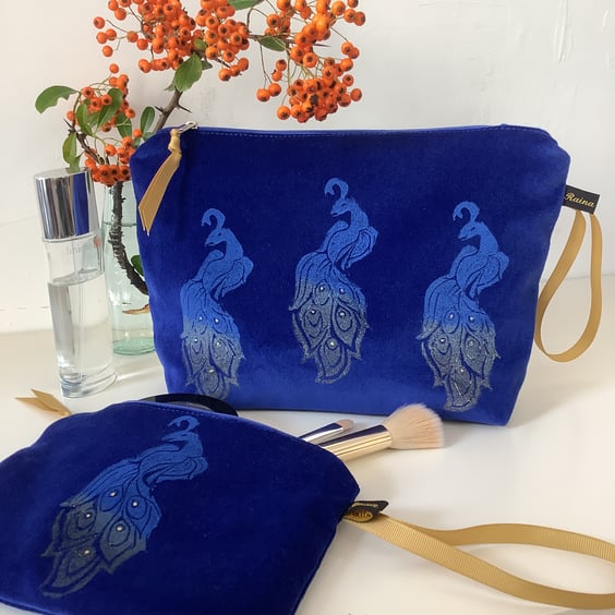 Cobalt Blue velvet Peacock makeup bag