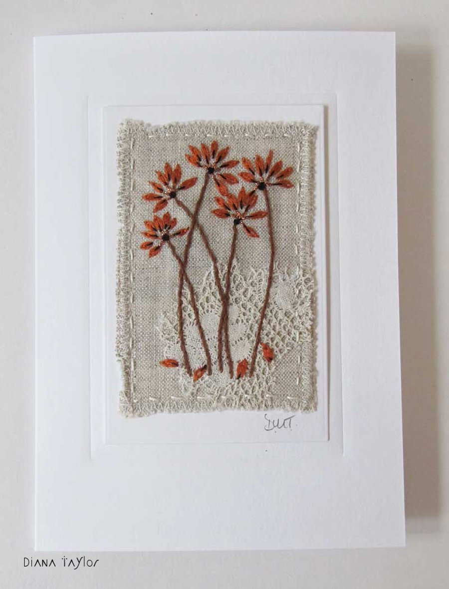 HAND EMBROIDERED GREETINGS CARD WINTER AUTUMN FLOWERS