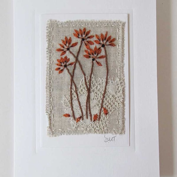 HAND EMBROIDERED GREETINGS CARD WINTER AUTUMN FLOWERS