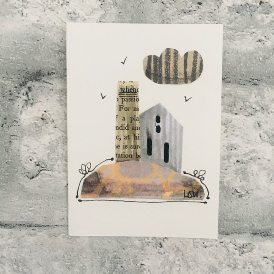 Original art ACEO in watercolour and collage Cornish tin mine 