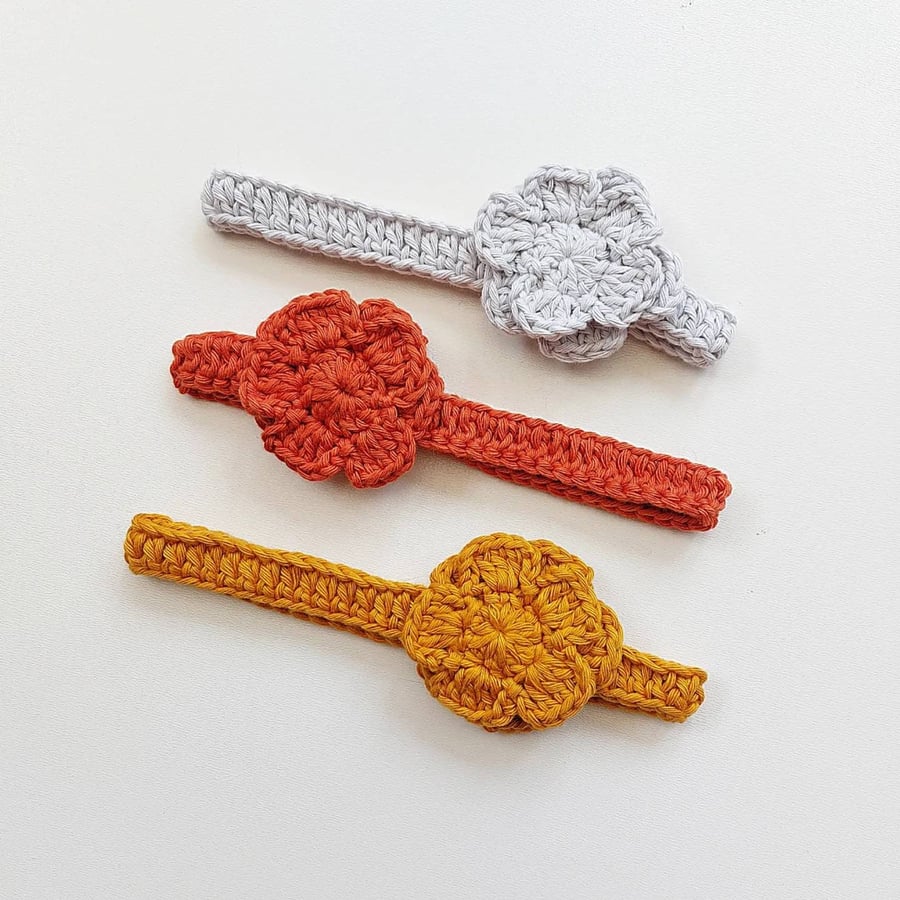 Baby Cotton Flower Headbands In Grey, Mustard & Rust