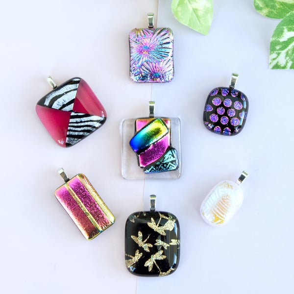 Bright Pink and Purple Glittery Dichroic Fused Glass Pendants Mother's Day Gift