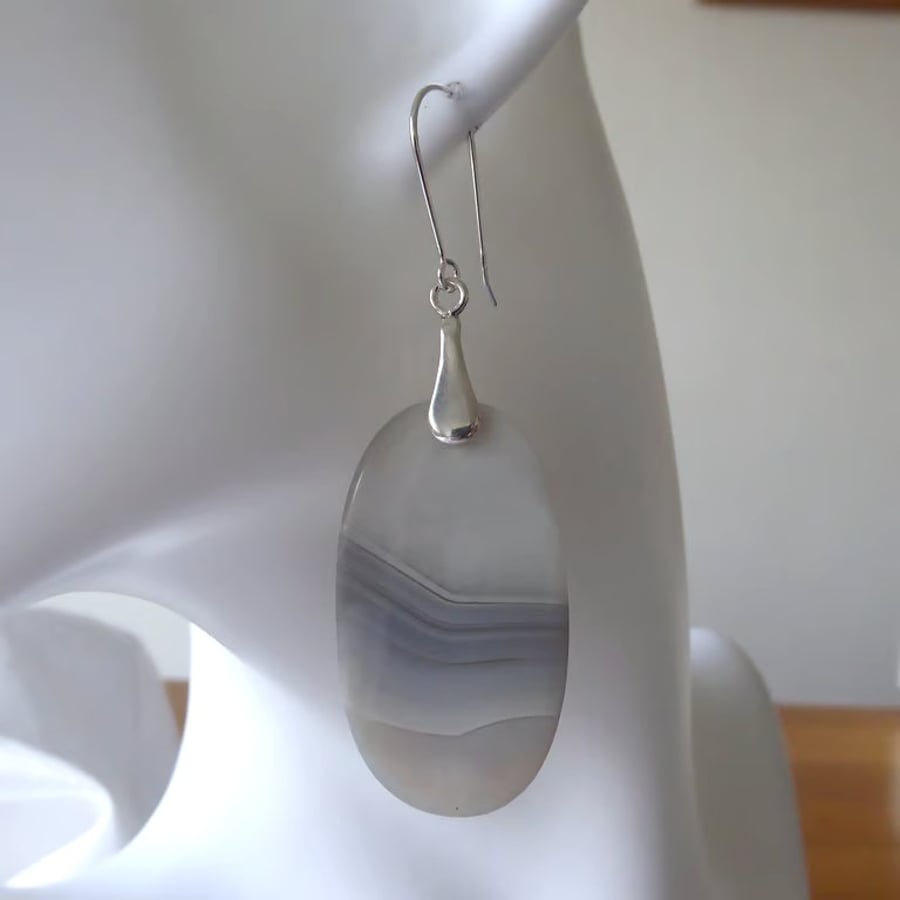 Large Oval Agate and Sterling Silver Earrings
