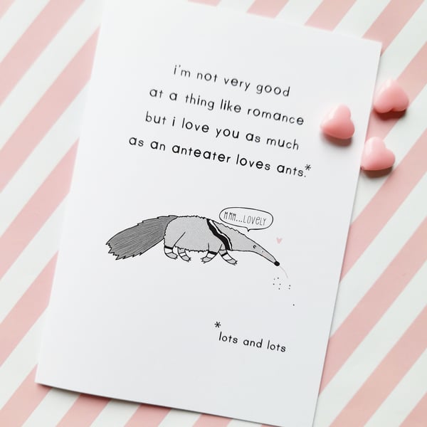 anteater loves ants A6 greetings card, valentine's day card, anniversary