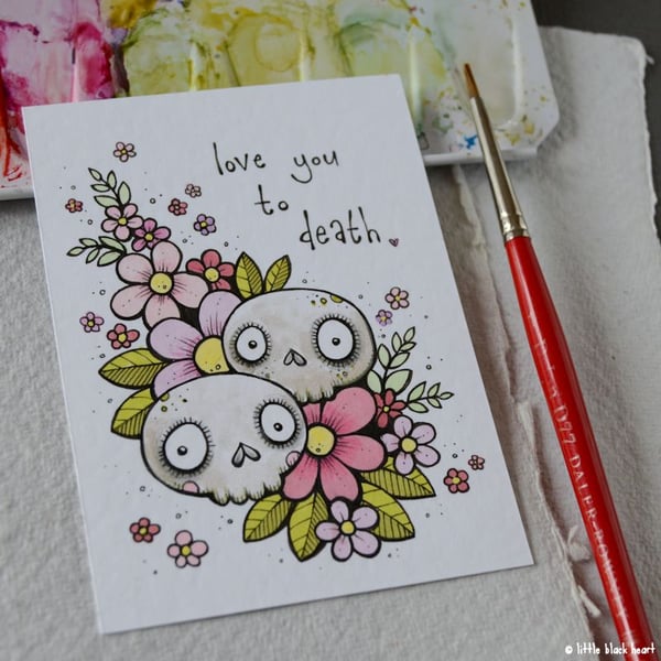 love you to death skulls - original aceo