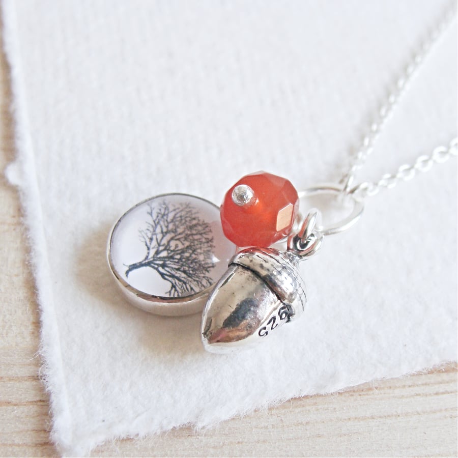 Sterling Silver Acorn Charm Necklace with Tree Art Charm and Carnelian Gemstone