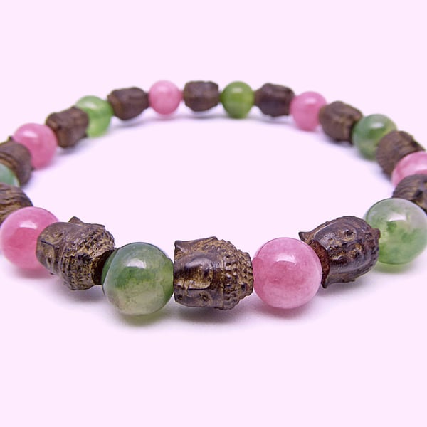 Buddha Head Stretch Bracelet with Moss Agate and Rhodonite