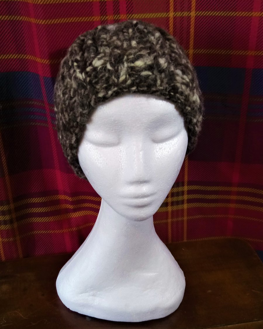 Handspun, Hand-knitted Brown Marl Hat in Jacobs Wool