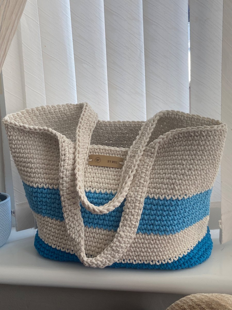 Handmade Crochet Blue and White Striped Summer Weekender Beach Bag