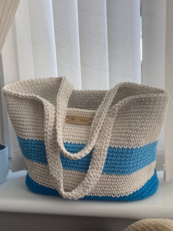 Handmade Crochet Blue and White Striped Summer Weekender Beach Bag