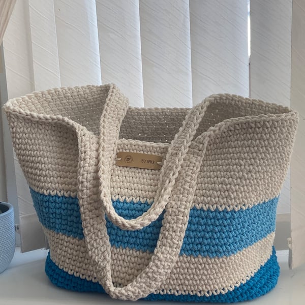 Handmade Crochet Blue and White Striped Summer Weekender Beach Bag