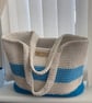 Handmade Crochet Blue and White Striped Summer Weekender Beach Bag