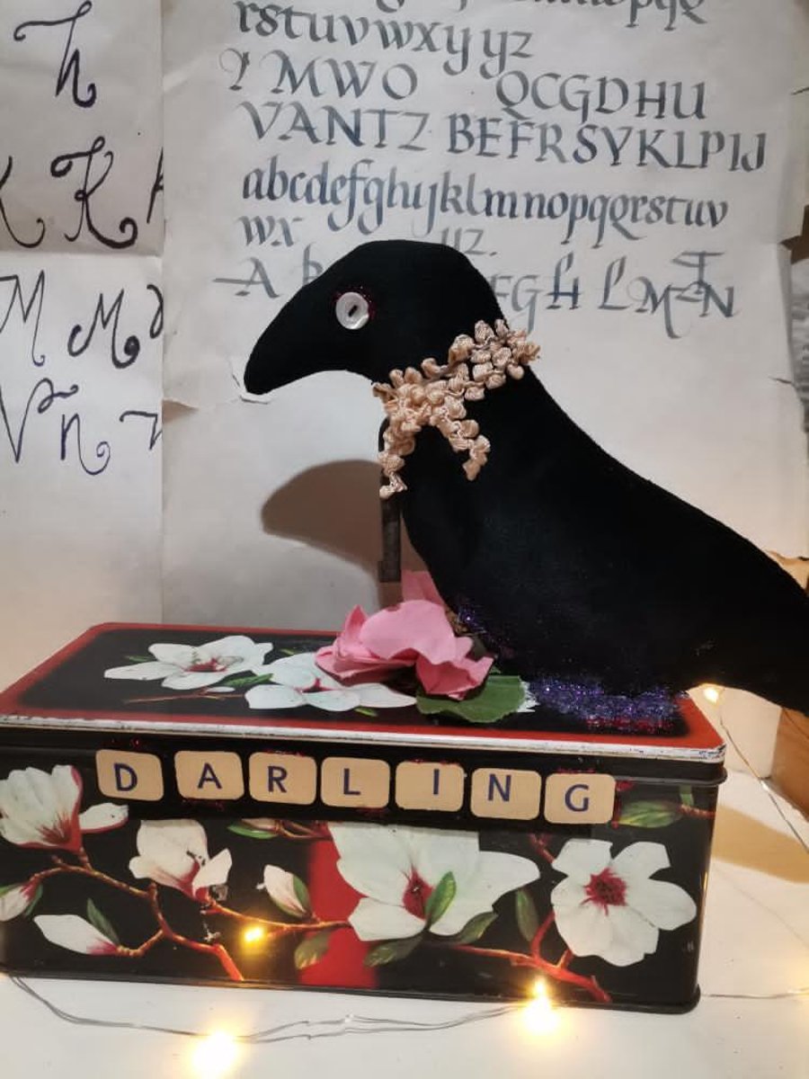 Textile art sculpture bird, black bird, crow, velvet bird, mixed media, vintage 