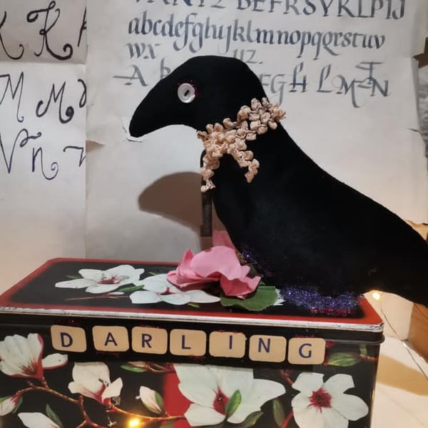 Textile art sculpture bird, black bird, crow, velvet bird, mixed media, vintage 