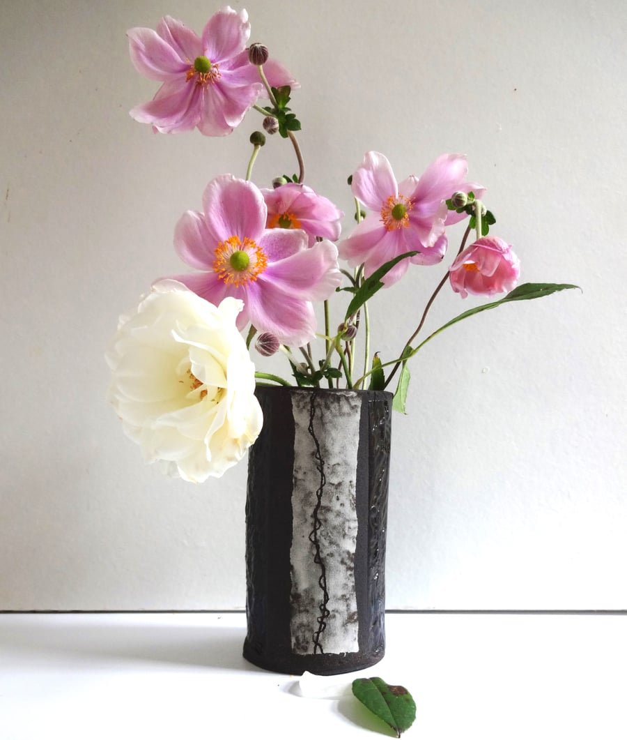 Ceramic vase, pottery vase.  Handmade black & white with textured glaze.