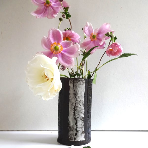 Ceramic vase, pottery vase.  Handmade black & white with textured glaze.