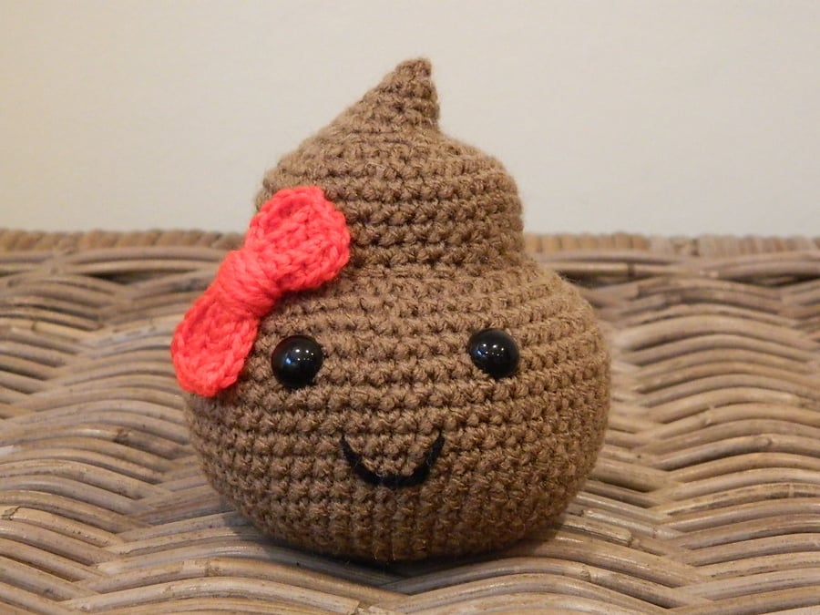 Mr Poop the plush poo toy with bow, handmade crochet emoji stuffed plushie