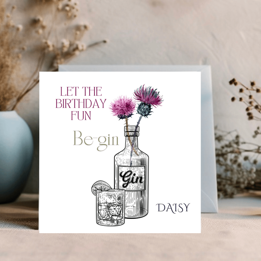 Gin and thistles -  watercolour design  - personalise with name or occasion