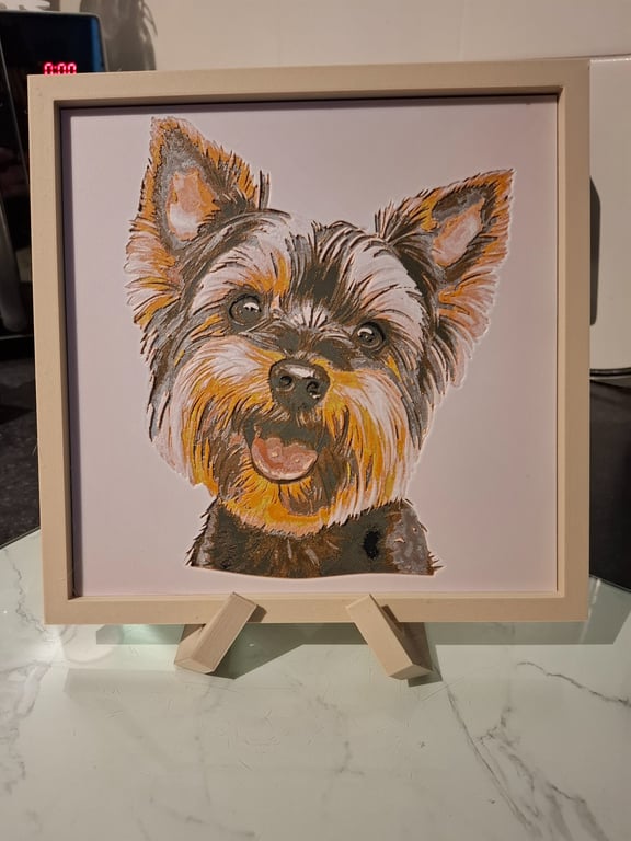 Yorkshire Terrier Portrait 3D HueForge Framed Print - 8.5 x 8.5 Inch - Wood PLA 