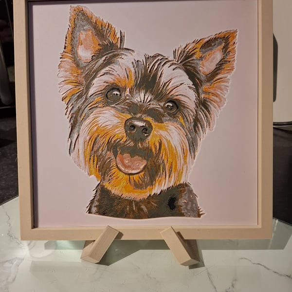 Yorkshire Terrier Portrait 3D HueForge Framed Print - 8.5 x 8.5 Inch - Wood PLA 