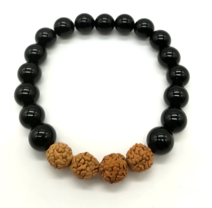 Handmade Black Agate Rudraksha bead Stack Bracelet clarity and good fortune 