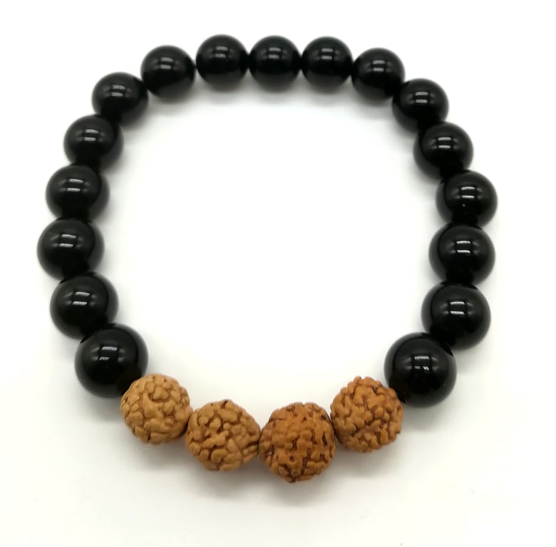 Handmade Black Agate Rudraksha bead Stack Bracelet clarity and good fortune 