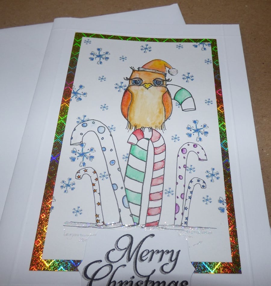 Owl Christmas card hand drawn hand illustrated orange