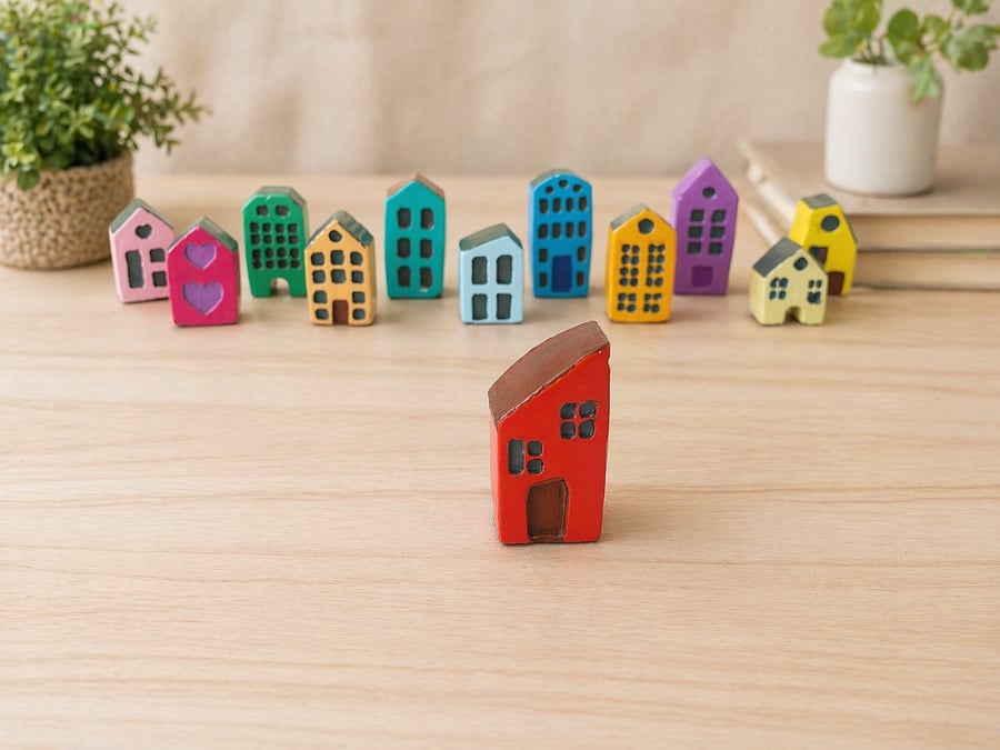 Handmade Mini Clay House – Red Painted Village Decor (1 House)