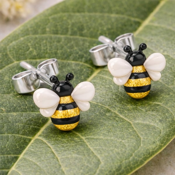 Bee Stud Earrings – Handmade Clay Gold Stripe Sterling Silver Posts