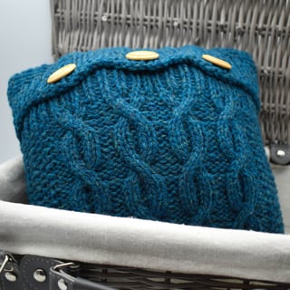 Hand Knitted Shetland wool Aran design cushion 12"x12" in TEAL