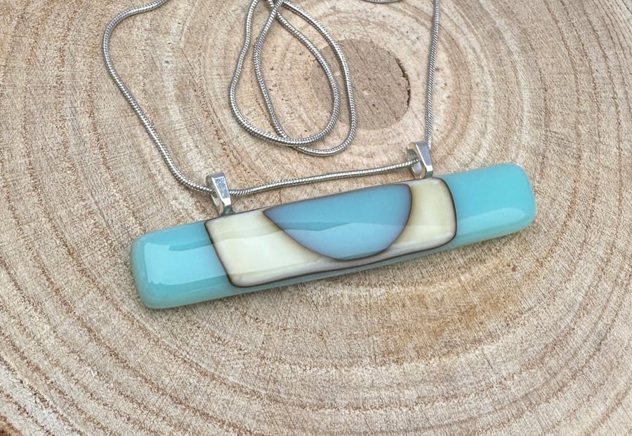 Beautiful Handmade Blue and Cream Fused Glass Pendant 