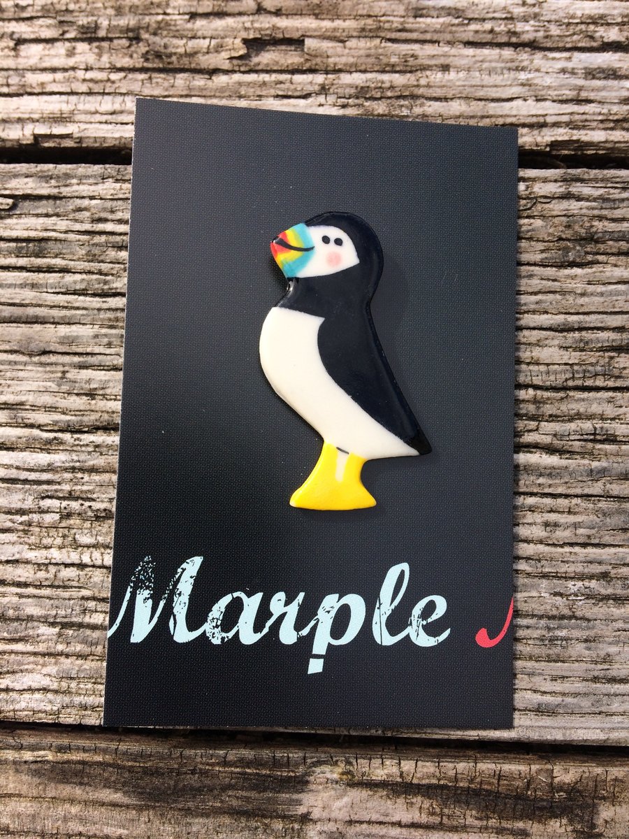 Puffin Porcelain Badge.Seaside Badge.Bird Brooch.Handmade In Wales .