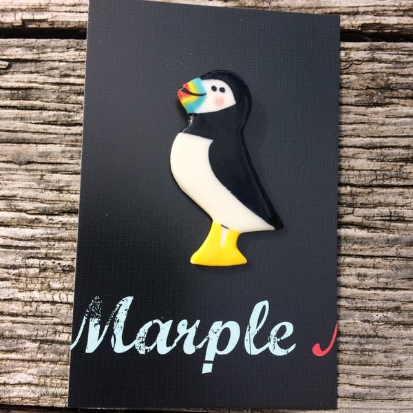 Puffin Porcelain Badge.Seaside Badge.Bird Brooch.Handmade In Wales .