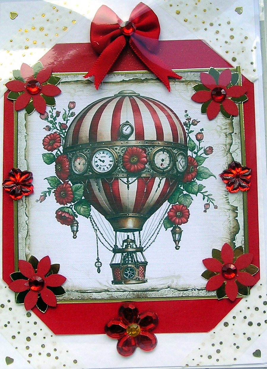 Steampunk Hot Air Balloon Hand Crafted Decoupage Greeting Card - Blank - 2869