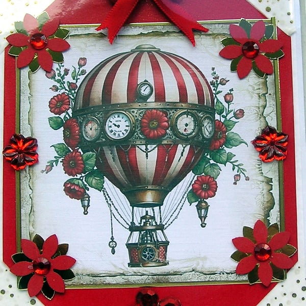 Steampunk Hot Air Balloon Hand Crafted Decoupage Greeting Card - Blank - 2869