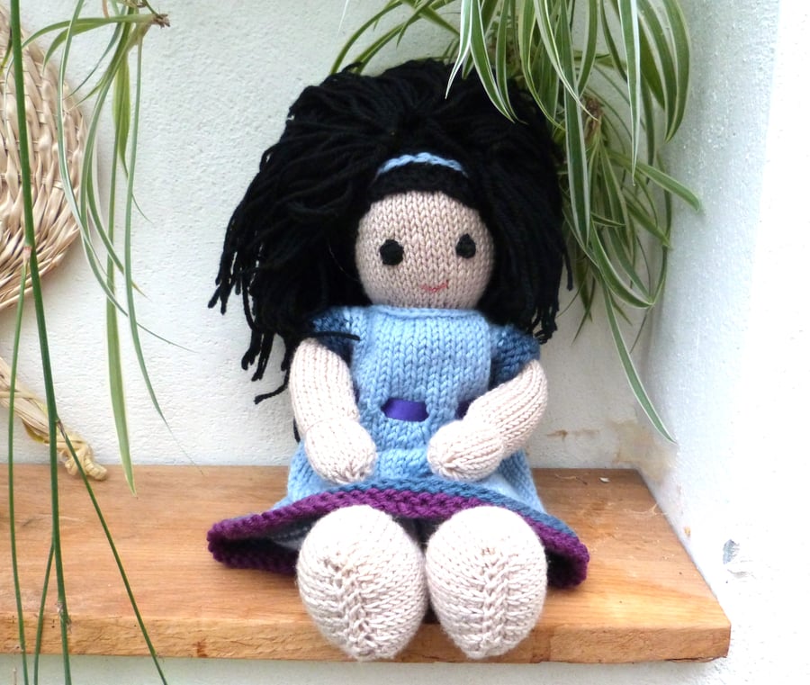 Doll. Hand Knitted Doll 12" handmade Doll Black Hair & Removable Knitted Dress