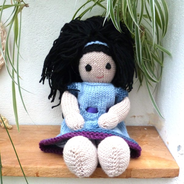 Doll. Hand Knitted Doll 12" handmade Doll Black Hair & Removable Knitted Dress