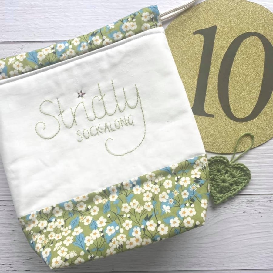 'Strictly Sock-Along' Project Bag with Hand Embroidery - Green
