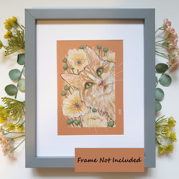 Cat portrait with flowers original artwork, small cat drawing