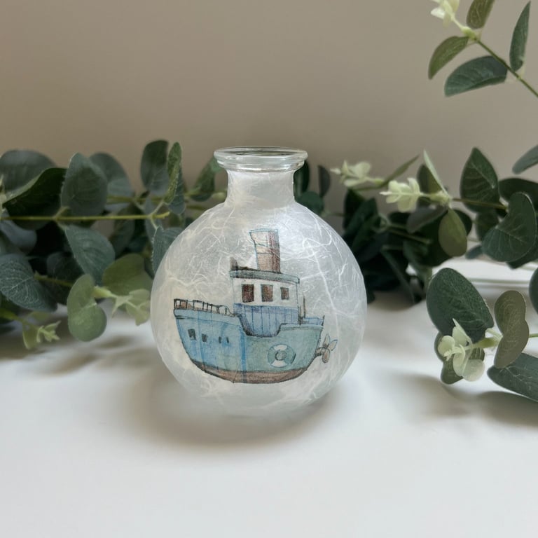 Decoupage Small Glass Bud Vase :Boat, Upcycled