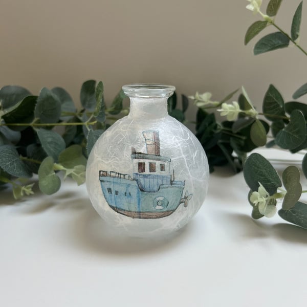 Decoupage Small Glass Bud Vase :Boat, Upcycled