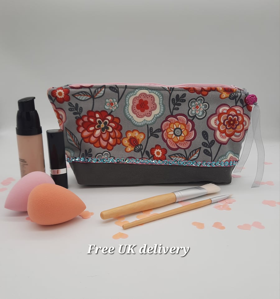 Bright floral makeup bag,  boxed grey denim bottom with sequins