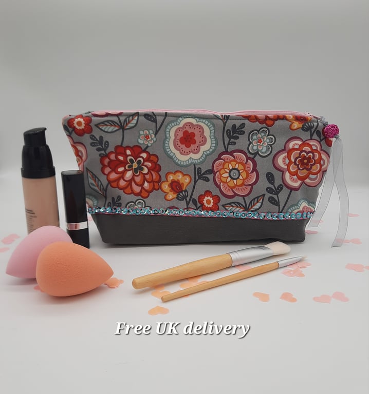 Bright floral makeup bag,  boxed grey denim bottom with sequins