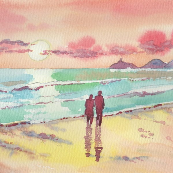 Tranquil Stroll, Swansea Bay, Mumbles - Watercolour Print in 14 x 11'' Mount
