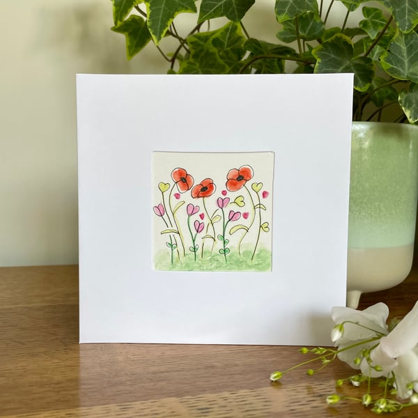 Card, hand painted poppy card watercolour & ink flowers original art.
